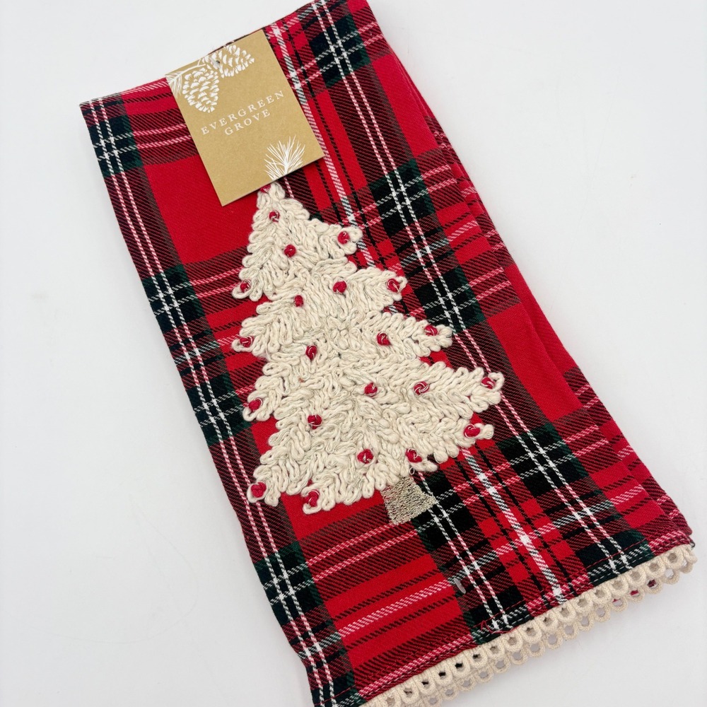 Evergreen Grove Set of 2 Christmas Kitchen Towels Tartan Plaid Embroidered Tree